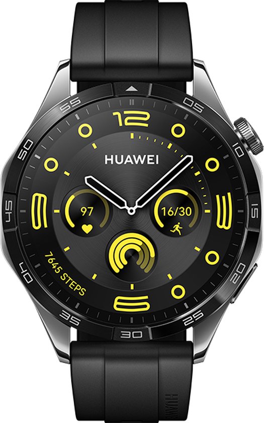 Huawei Watch GT 4 smartwatch 46mm - Zwart, met zwarte fluorelastomeer band, vooraanzicht