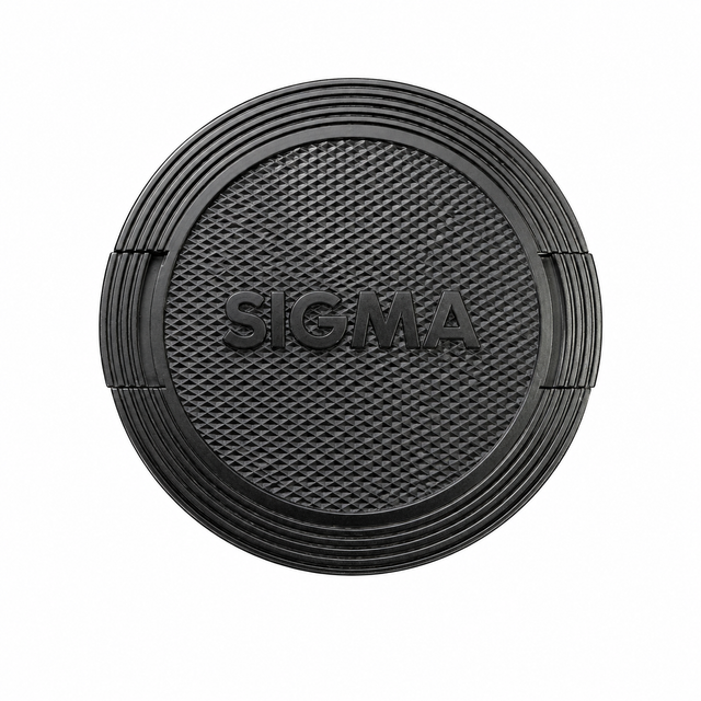 Sigma vintage lensdop, zwart met ingeperst Sigma-logo, ruitjesstructuur en geribbelde rand