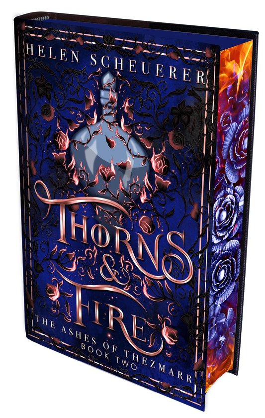 Thorns & Fire, Helen Scheuerer, boekomslag voorkant met een kelk, rozen en vlammen, tweedehands