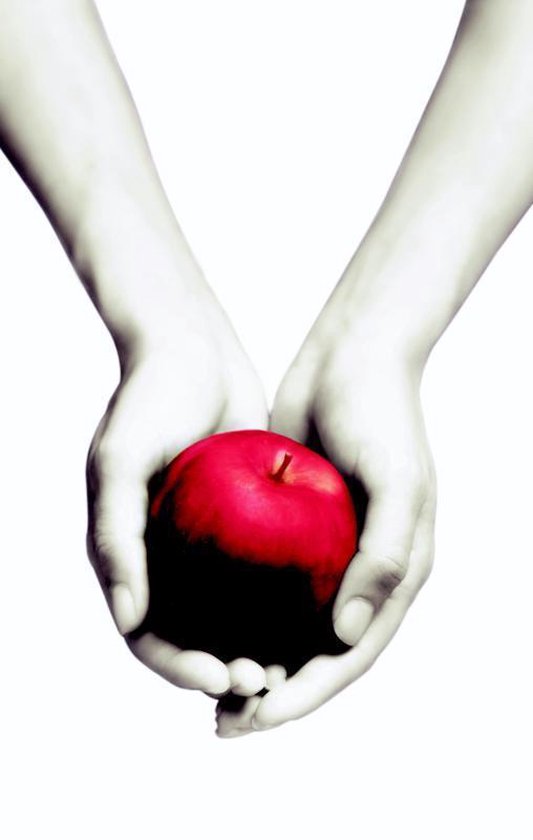 Twilight, Stephenie Meyer, boekomslag voorkant met twee handen die een rode appel vasthouden, tweedehands