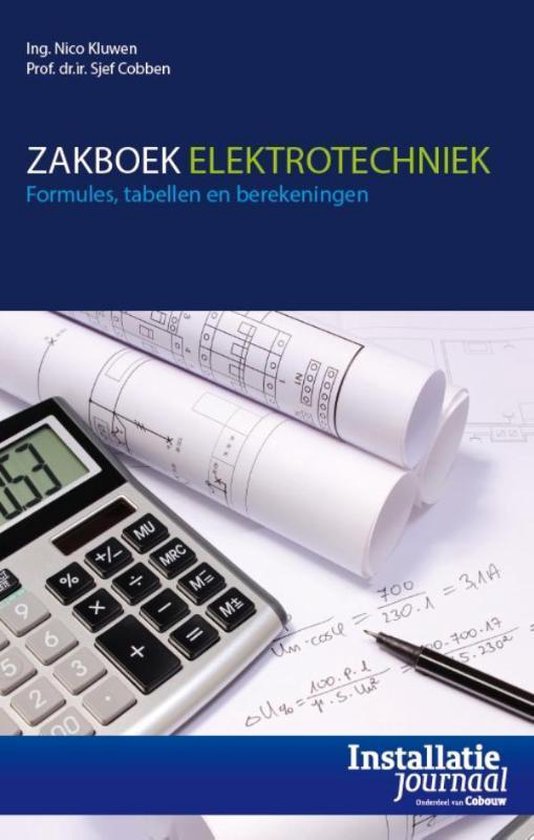 Zakboek elektrotechniek, Nico Kluwen, boekomslag voorkant met een rekenmachine en bouwtekeningen, tweedehands