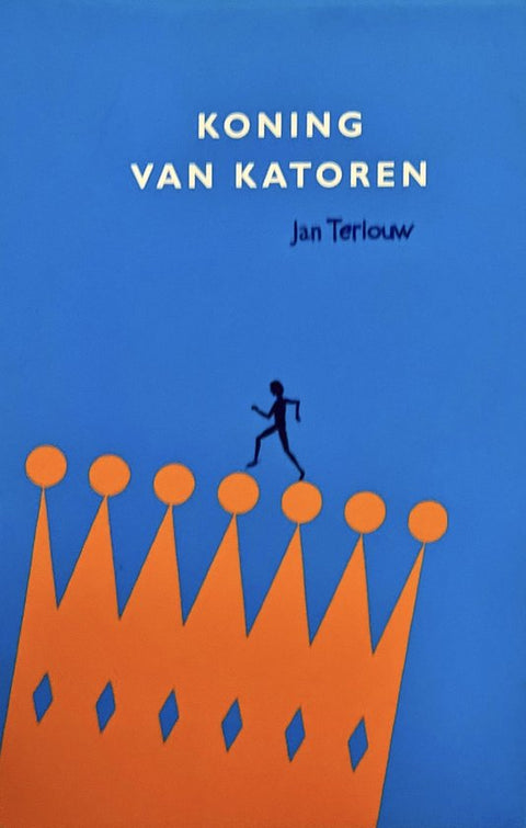 Koning van Katoren, Jan Terlouw, blauwe omslag met een oranje kroon en een rennend figuurtje, tweedehands