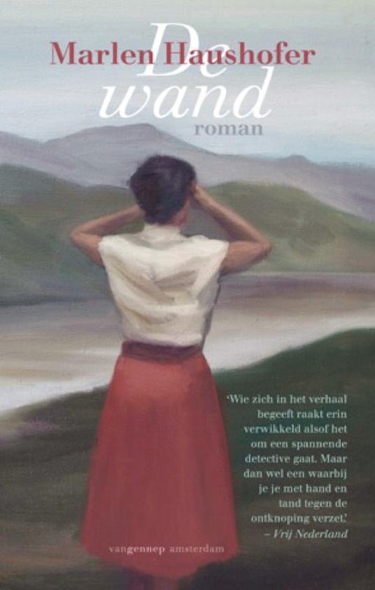 De wand, Marlen Haushofer, roman, omslag met een vrouw met een rode rok voor een berglandschap, tweedehands