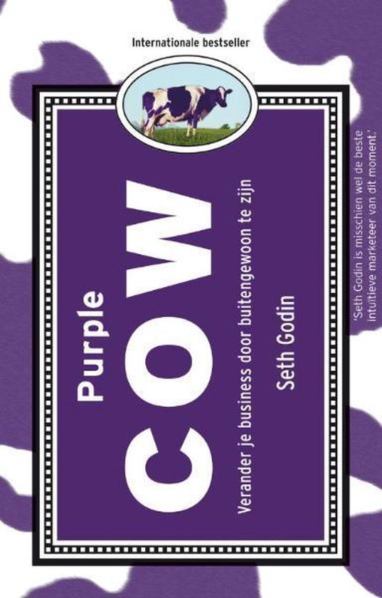 Purple Cow, Seth Godin, paarse boekomslag voorkant met een koeienprint en een koe, tweedehands