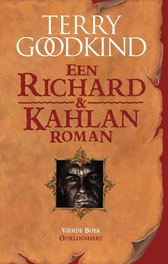 Oorlogshart, Terry Goodkind, een Richard en Kahlan-roman, boekomslag voorkant met een gezicht op perkament, tweedehands