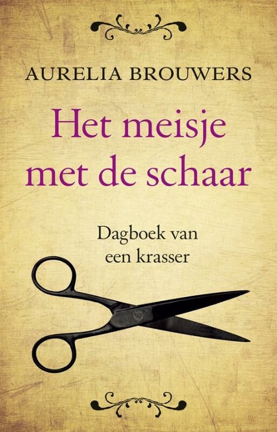 Het meisje met de schaar, Aurelia Brouwers, boekomslag voorkant met een schaar op perkament, tweedehands