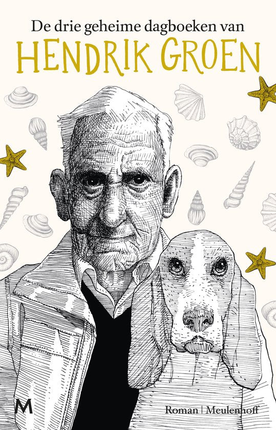 De drie geheime dagboeken van Hendrik Groen, boekomslag voorkant met tekening van een oude man met hond, tweedehands