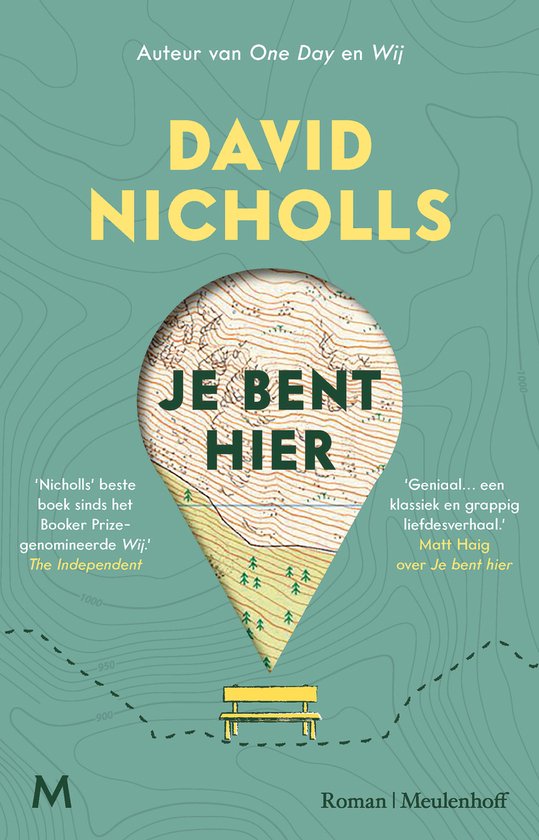 Je bent hier, David Nicholls, groene boekomslag voorkant met kaartpin en bankje, tweedehands