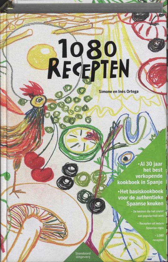 1080 Recepten het basiskookboek van de Spaanse keuken, Simone en Ines Ortega, omslag met kleurige tekeningen, tweedehands