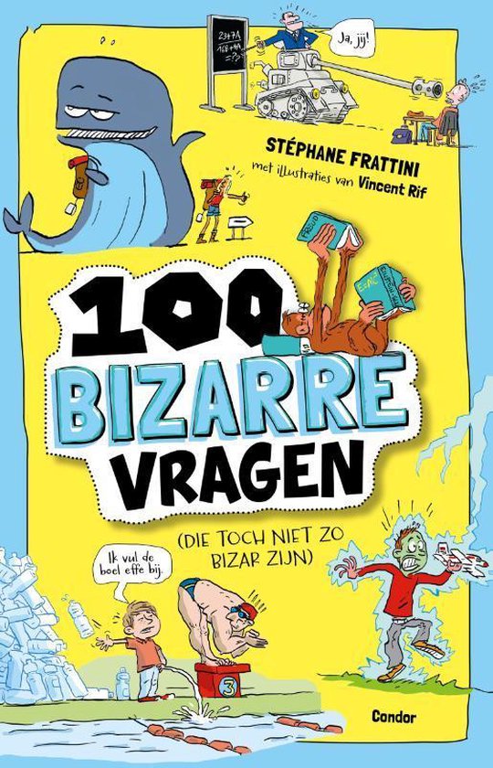 100 bizarre vragen, Stéphane Frattini, boekomslag voorkant met een tekenwalvis en kinderen, tweedehands