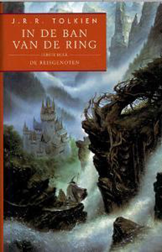 In de ban van de ring, De reisgenoten, J.R.R. Tolkien, boekomslag voorkant met een kasteel bij een waterval, tweedehands