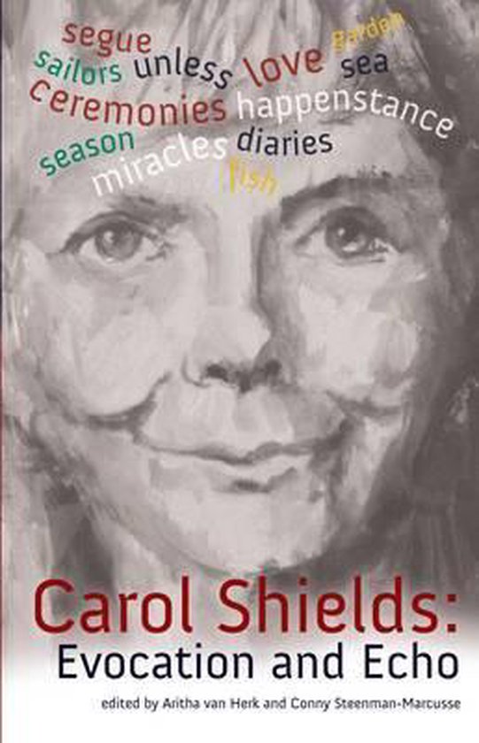 Carol Shields, Evocation and Echo, Aritha van Herk en Conny Steenman-Marcusse, grijze omslag met een portret, tweedehands