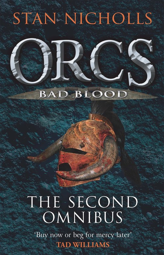 Orcs Bad Blood, The Second Omnibus, Stan Nicholls, blauwe omslag met een roestige helm met een hoorn, tweedehands