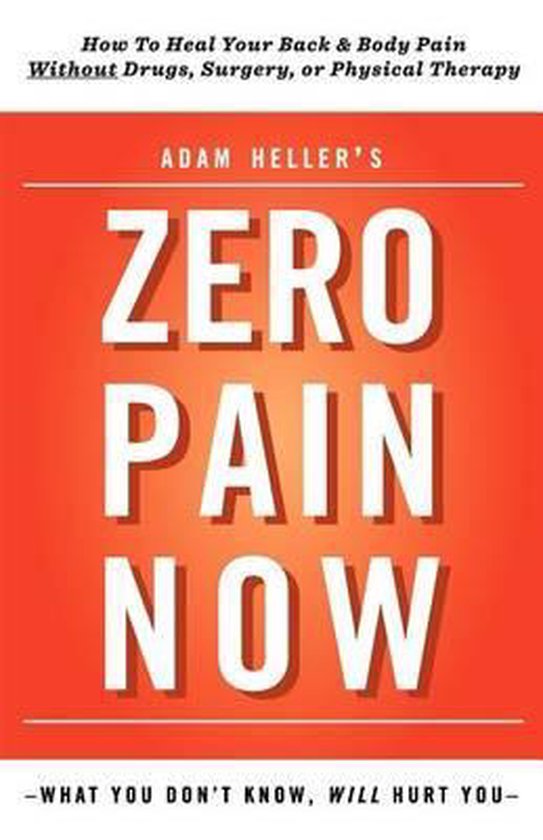 Adam Heller's Zero Pain Now, boekomslag voorkant met alleen tekst op oranje, tweedehands