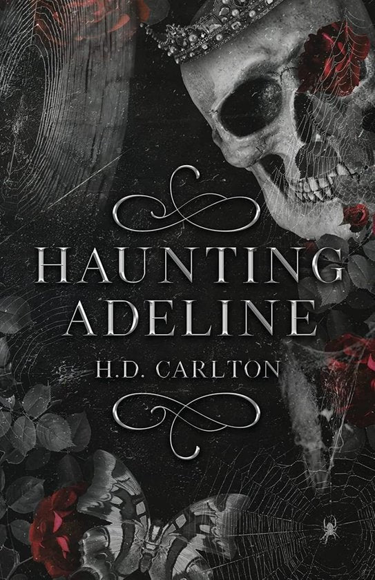 Haunting Adeline, H.D. Carlton, zwarte boekomslag voorkant met gekroonde schedel en rozen, tweedehands