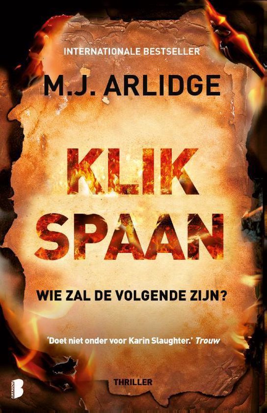 Klikspaan, M.J. Arlidge, thriller, oranje omslag met verbrand papier en vlammen, tweedehands
