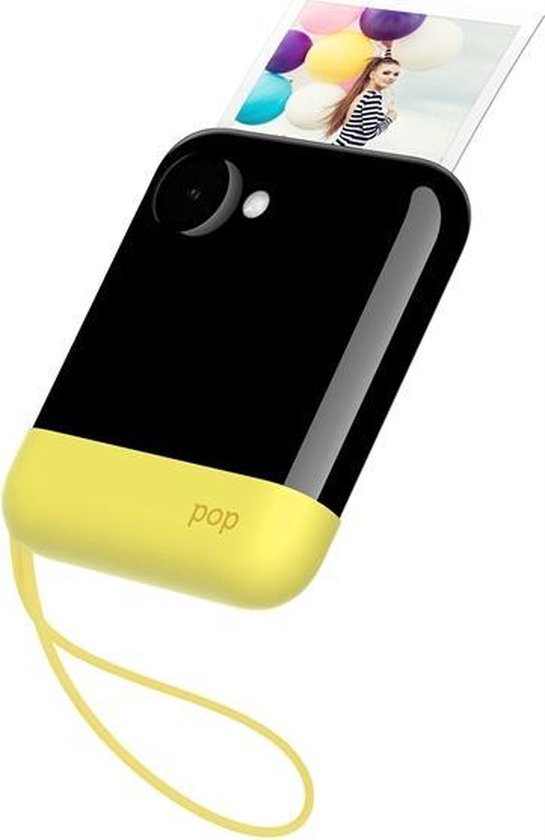 POP Instant Print Digital Camera - Geel, voorkant met lens en uitkomende print