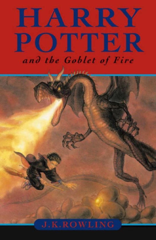 Harry Potter and the Goblet of Fire, J.K. Rowling, rode omslag met een draak en een jongen op een bezem, tweedehands