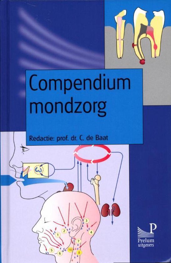 Compendium mondzorg, C. de Baat, boekomslag voorkant met tandheelkundige illustraties, tweedehands