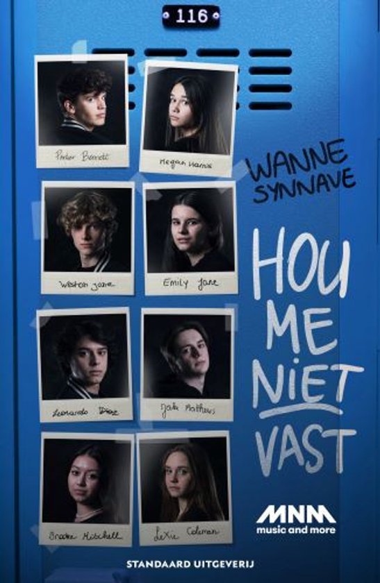Hou me niet vast, Wanne Synnave, boekomslag voorkant met een kluisje met polaroidfoto's van jongeren, tweedehands