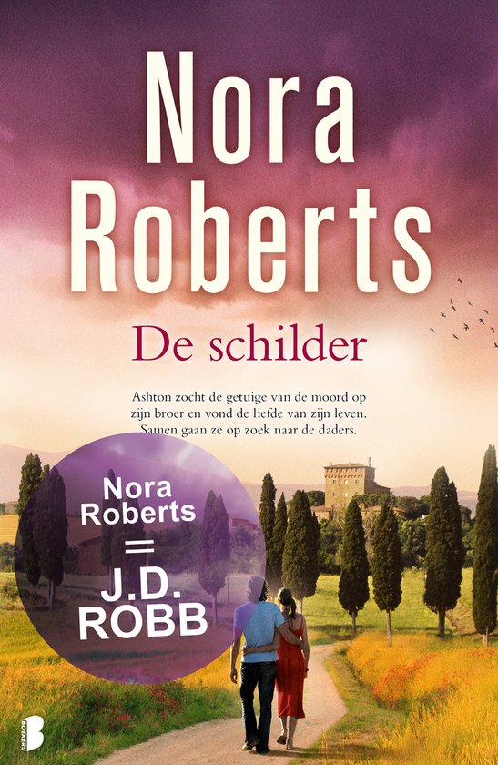 De schilder, Nora Roberts, omslag met een stel op een landweg tussen cipressen, tweedehands