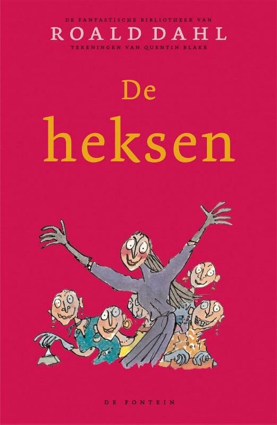 De heksen, Roald Dahl, boekomslag voorkant met een tekening van een heks en kinderen, tweedehands