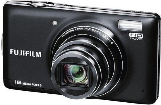 Fujifilm FinePix T400 digitale compactcamera, zwart, voorkant schuin met uitgeschoven Fujinon-zoomlens en 16 megapixel