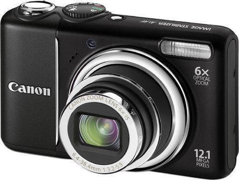 Canon PowerShot A2100 IS digitale compactcamera, zwart, schuin vooraanzicht met 6x zoomlens, tweedehands