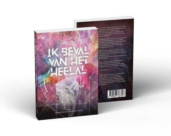 Ik beval van het Heelal, boek staand met voorkant en achterkant zichtbaar, paarsroze omslag, tweedehands