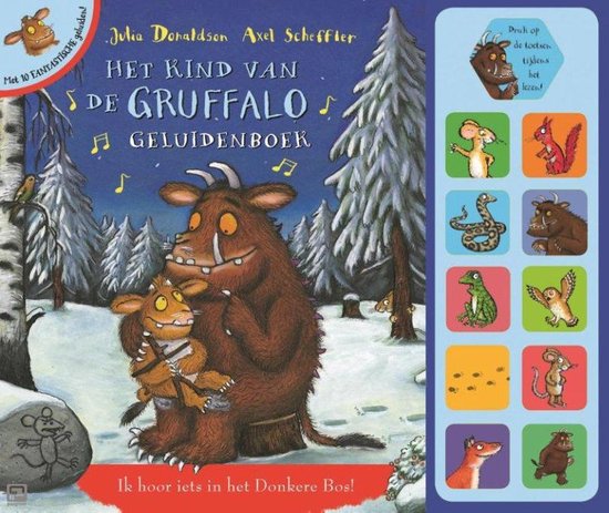 Het kind van de Gruffalo, Julia Donaldson, boekomslag voorkant met de Gruffalo en zijn kind in de sneeuw, tweedehands