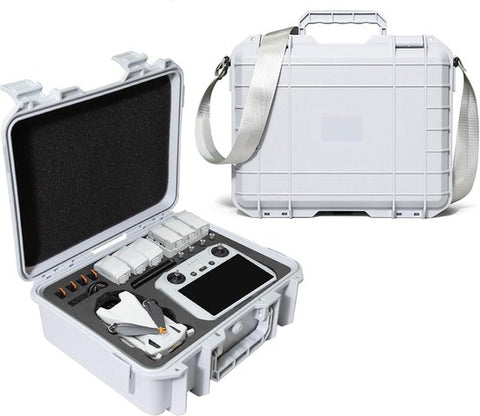 Hardshell koffer voor DJI Mini 3 Pro en Mini 3 drone, wit, geopend met een drone en accessoires ter illustratie