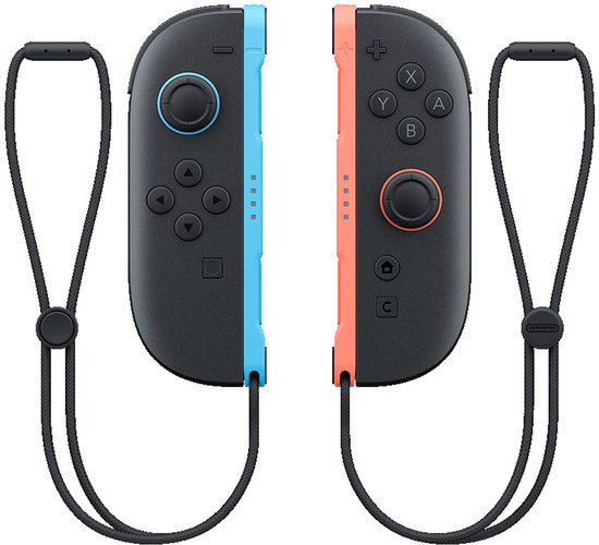 Nintendo Switch 2 Joy-Con 2 set, links blauw en rechts rood, met polsbandjes, vooraanzicht, tweedehands