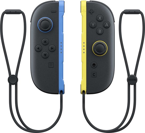 Nintendo Switch 2 Joy-Con 2 set, links blauw en rechts geel, met polsbandjes, vooraanzicht, tweedehands