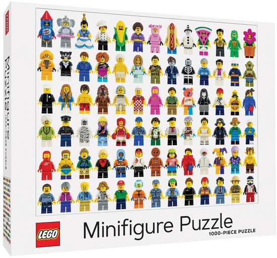 Chronicle Books LEGO Minifigure Puzzle 1000 stukjes, witte doos voorkant met rijen LEGO-minifiguren