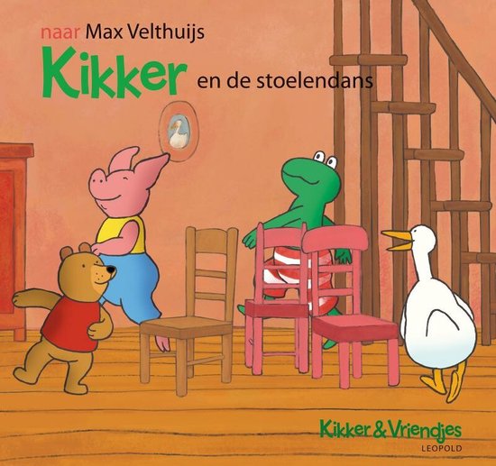 Kikker en de stoelendans, naar Max Velthuijs, oranje omslag met Kikker en vriendjes bij een rij stoelen, tweedehands