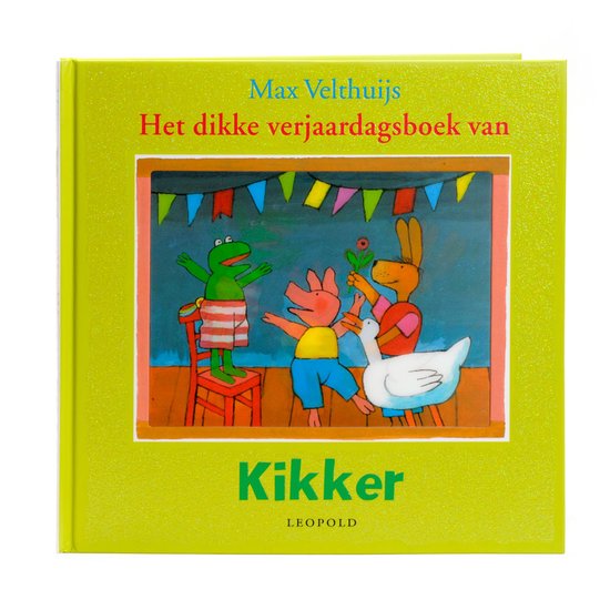 Het dikke verjaardagsboek van Kikker, Max Velthuijs, gele boekomslag voorkant met een kikker op een feest, tweedehands