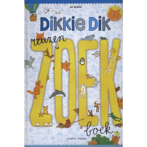 Dikkie Dik reuzenzoekboek, Jet Boeke, Gottmer, omslag met grote gele letters vol katten, tweedehands