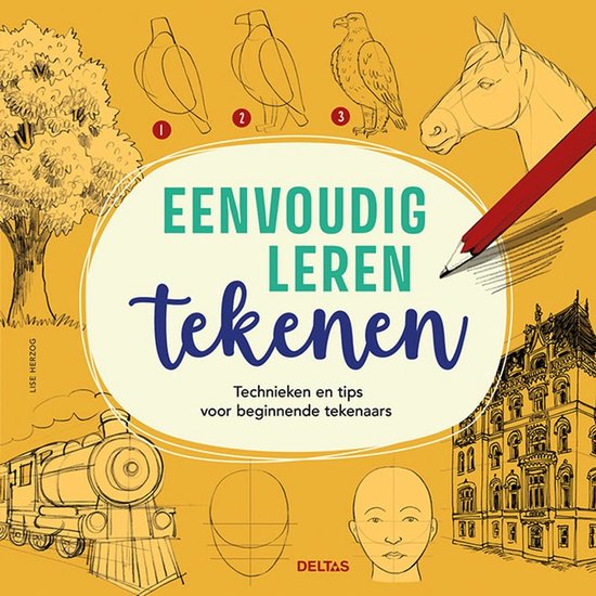 Eenvoudig leren tekenen, Lise Herzog, boekomslag voorkant met potloodtekeningen van dieren en gebouwen, tweedehands