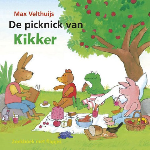 De picknick van Kikker, Max Velthuijs, zoekboek met flapjes, omslag met dieren die picknicken onder een boom, tweedehands