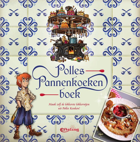Polles Pannenkoekenboek, Efteling, boekomslag met Delfts blauwe tegels, de figuur Polle en een pannenkoek, tweedehands