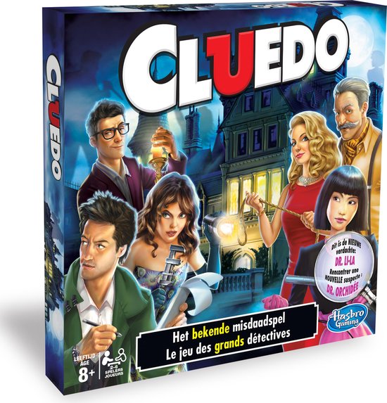 Hasbro Cluedo Het bekende misdaadspel bordspel, blauwe doos schuin van voren met zes verdachten, Nederlands en Frans