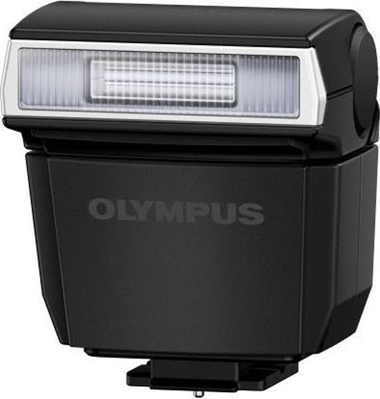Olympus FL-LM3 flitser voor PEN en OM-D camera's, zwart, voorkant met flitsvenster en flitsschoen