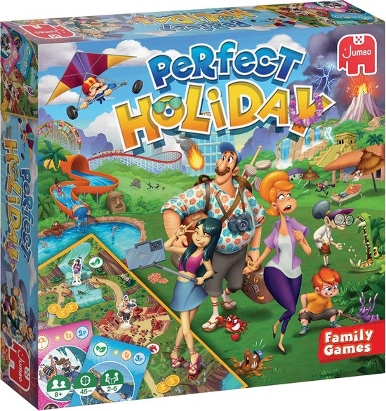 Jumbo Perfect Holiday familiespel, doos voorkant met vakantiegangers in een pretpark