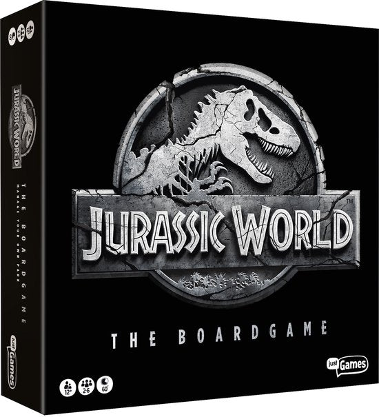 Jurassic World The Boardgame bordspel, zwarte doos schuin van voren met zilverkleurig T-rex-logo, Just Games-uitgave
