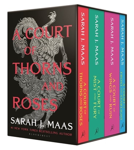 A Court of Thorns and Roses box set, Sarah J. Maas, Bloomsbury zwarte box met vier gekleurde boekruggen, tweedehands