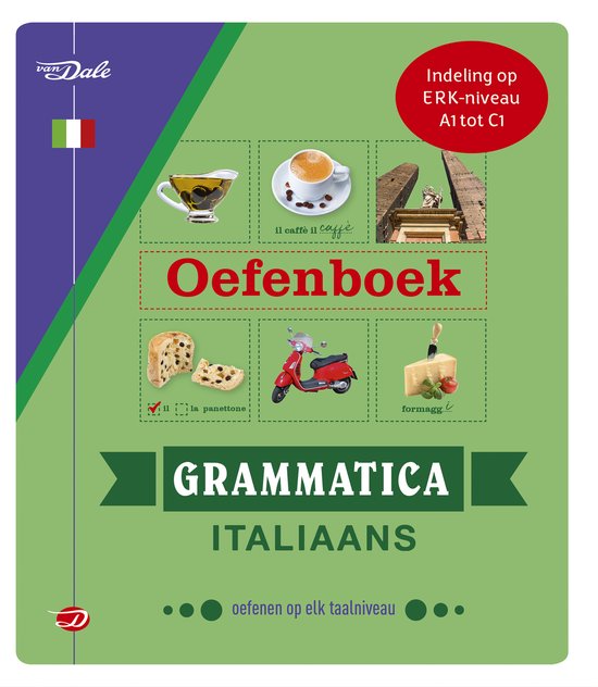 Van Dale Oefenboek grammatica Italiaans, Maria Rita Sorce, boekomslag voorkant met Italiaanse iconen, tweedehands