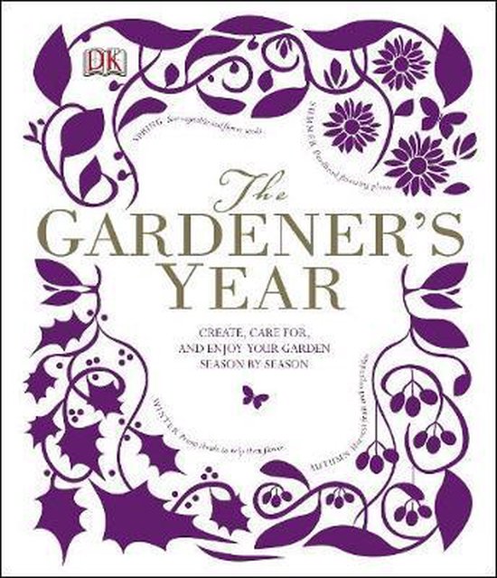 The Gardener's Year, DK, tuinboek, witte omslag met paarse bloemranken, tweedehands