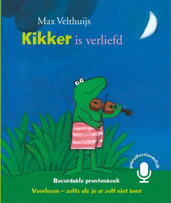 Kikker is verliefd recordable prentenboek, Max Velthuijs, boekomslag voorkant met Kikker met viool, tweedehands