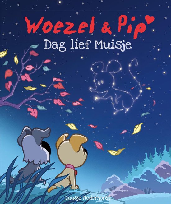 Woezel en Pip Dag lief Muisje, Guusje Nederhorst, boekomslag voorkant met de hondjes onder sterrenhemel, tweedehands