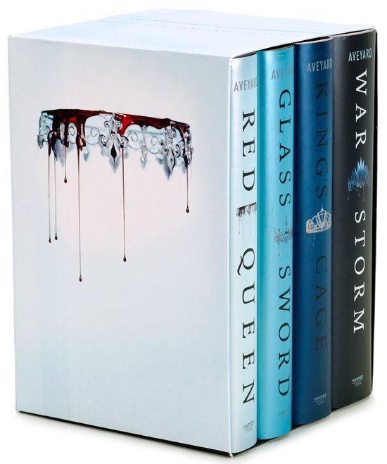 Red Queen boxset, Victoria Aveyard, boekomslag voorkant met vier hardcoverdelen in een cassette, tweedehands